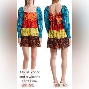 Alice + Olivia Rowen Floral Long Sleeve Tiered Mini Dress Medium New $440‎
